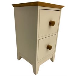 White and oak side table, fitted with two drawers