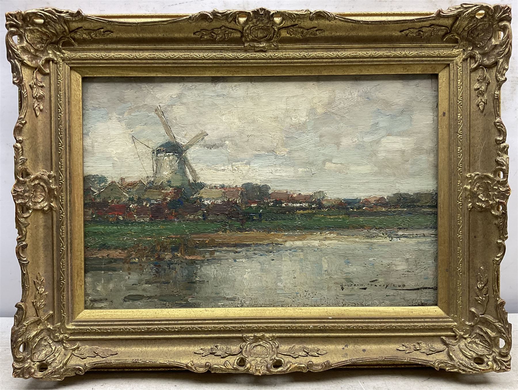 Kershaw Schofield (British 1872-1941): Windmill by the River, oil on canvas signed 29cm x 44cm