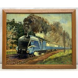 Ivan Lilley (British 1932): 'Sir Nigel Gresley hauling the Coronation circa 1938', oil on board signed and dated '75, titled verso 55cm x 70cm