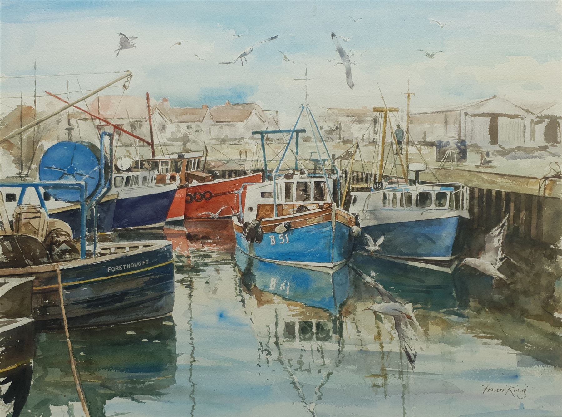 Fraser King (British 1969-): Harbour Scene with Seagulls, watercolour signed 54cm x 72cm