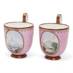 Two porcelain trios by James Bell, Glasgow, each painted with panels of Scottish landscapes, within gilt borders on pink ground, Newhall bute shape teacup, decorated in the Mother and Child pattern, Thomas Wolfe silver lustre teapot and circular dish, together with a Derby cup and saucer 