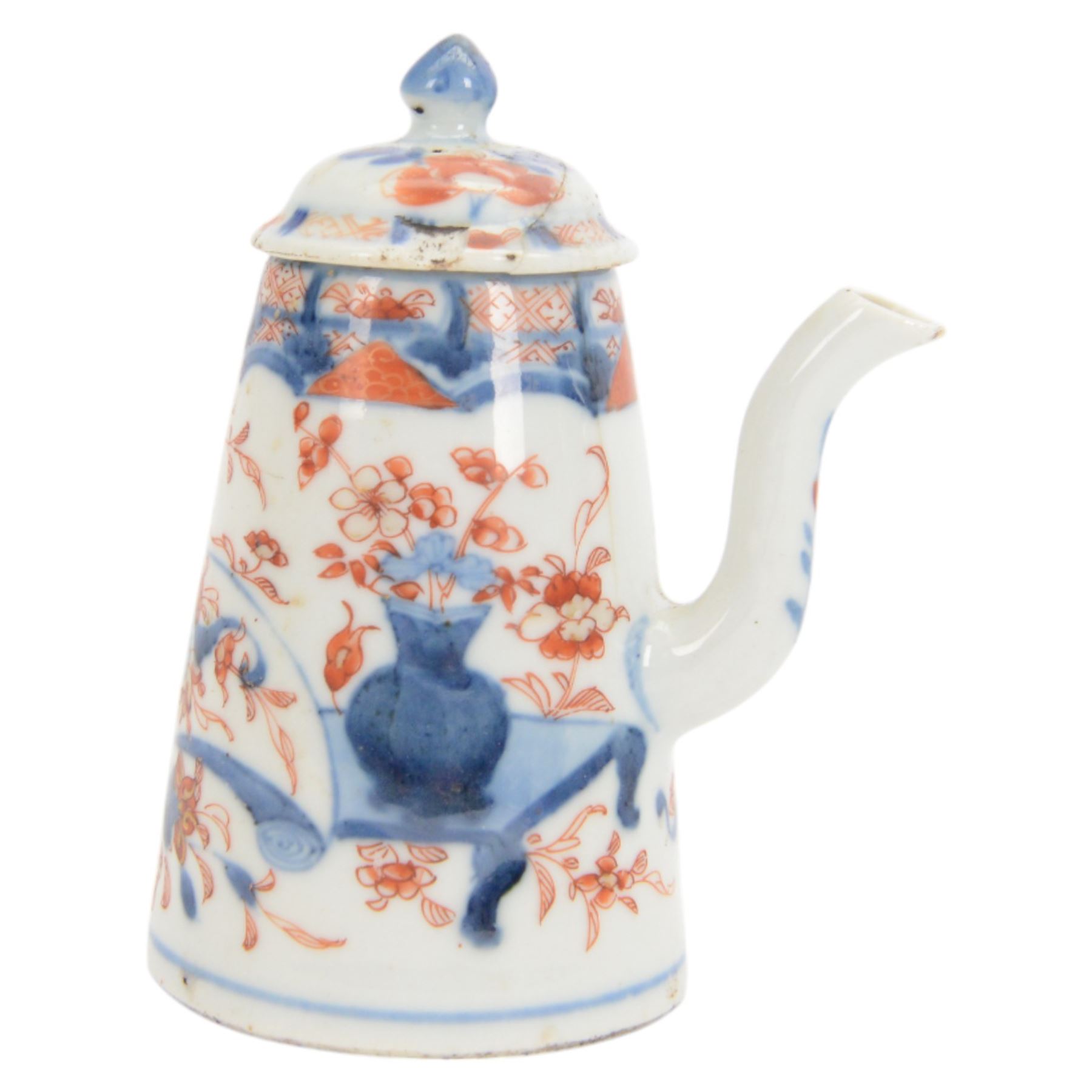 18th century Chinese Imari coffee or chocolate pot, of tapering cylindrical form with side handle, and domed cover with knop finial, painted with a vase of flowers upon a table and scroll, amongst blossoming flowers, H12cm 