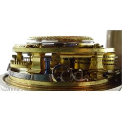 George III silver pair cased verge fusee pocket watch by David Crawford, Newcastle, No. 671, square baluster pillars, pierced and engraved balance cock, enamel polychrome dial depicting a figure fishing by a bridge, Roman hours and Arabic outer minute ring, beetle and poker hands, bull's eye glass, case markers mark D.P, London 1771