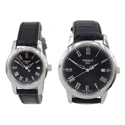 Tissot stainless steel gentleman's quartz wristwatch, Ref. T033410 and a matching Tissot ladies quartz wristwatch, Ref. T033210, both on black leather straps, boxed