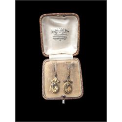 Pair of 15ct gold quartz pendant earrings, stamped 15ct, boxed 