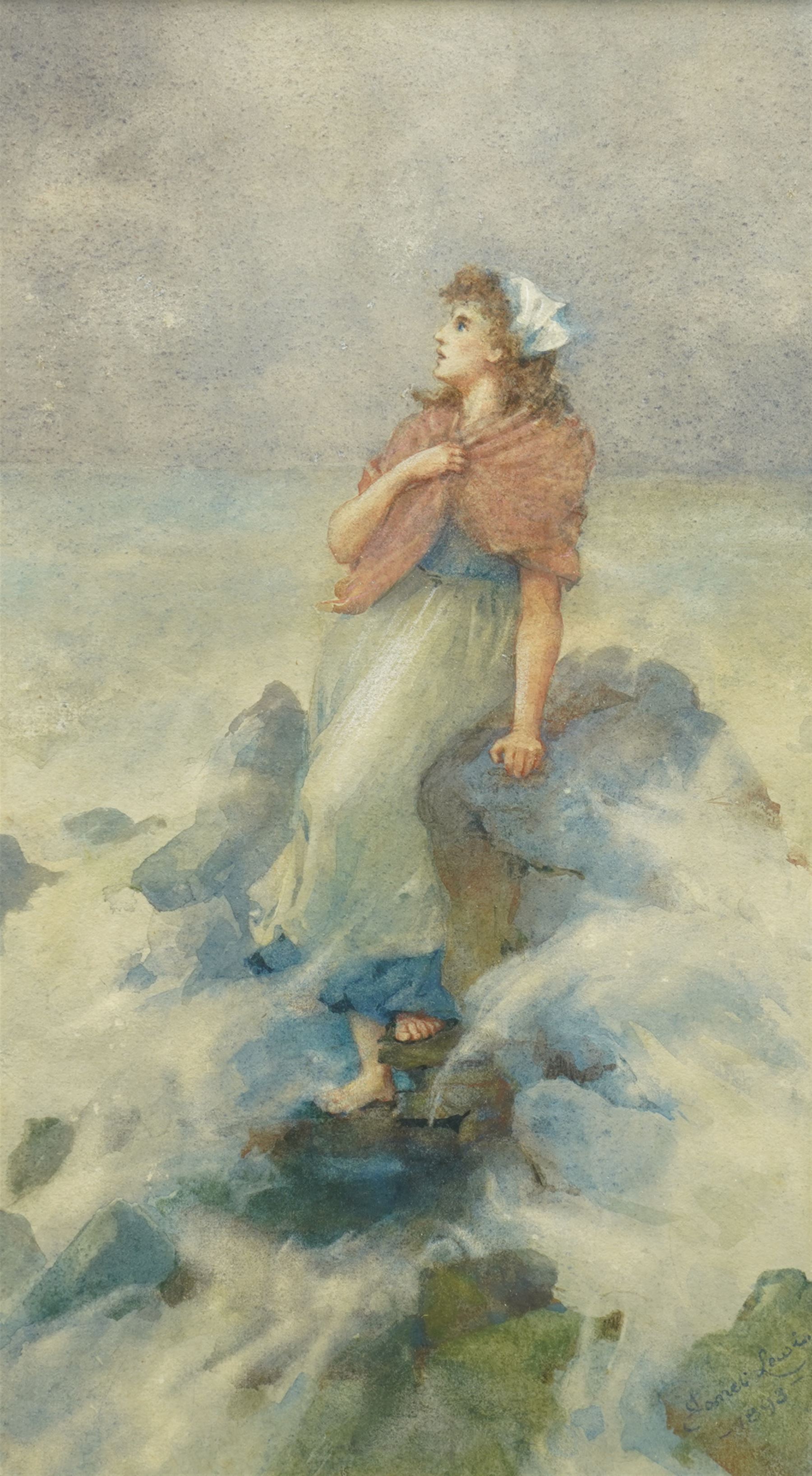 Janet Lewis (British 19th century): Maiden Looking out to Sea, watercolour signed and dated 1893, 34cm x 19cm