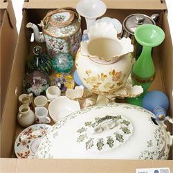 Canton famille rose teapot, covered tureen, pair of contemporary Chinese ginger jars, Victorian glass, paperweights etc, in two boxes