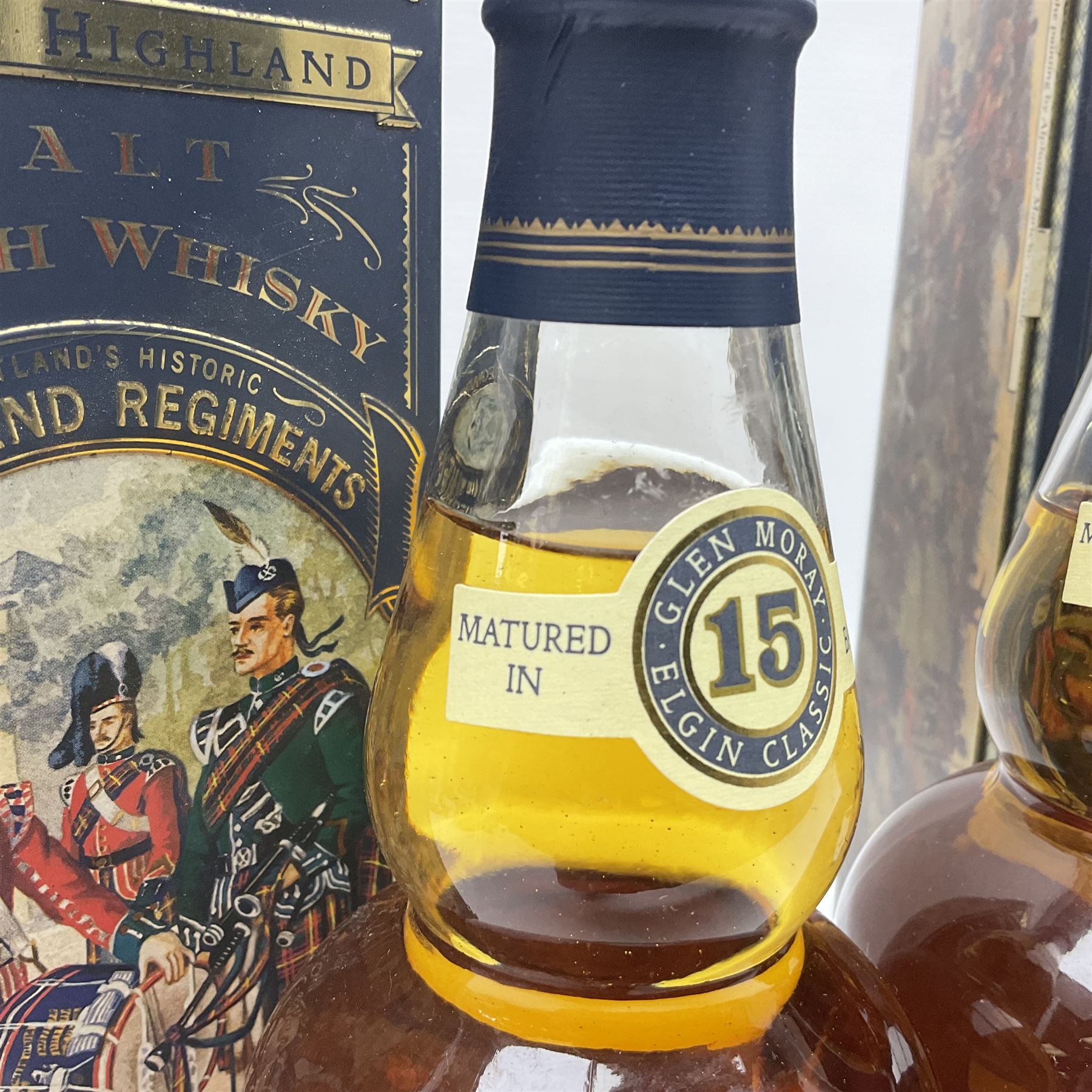 Two Glen Moray 15 year old Single Highland Malt Scotch Whisky, 70cl 43%, each in original Highland Regiments presentation tin 
