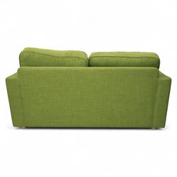 Contemporary lime green upholstered sofa bed, with rectangular arms and two seat cushions, the back with two stitched backrest cushions, on low block feet