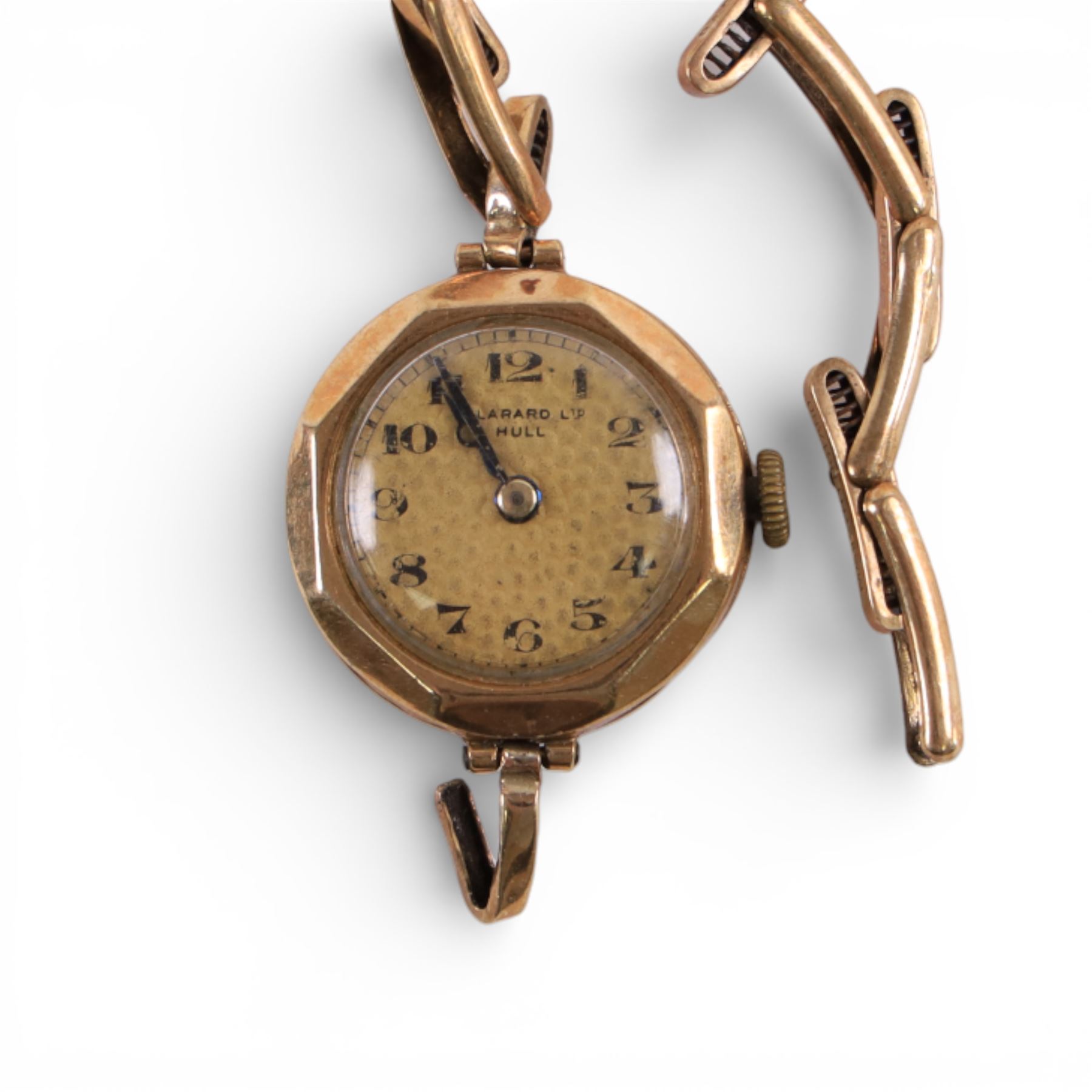 9ct gold wristwatches and parts, comprising ladies watch with 9ct gold case and integral strap, ladies 9ct gold wristwatch on 9ct gold expanding strap, 9ct gold cased miniature compass, and a ladies wristwatch with 9ct gold back case on a gilt strap