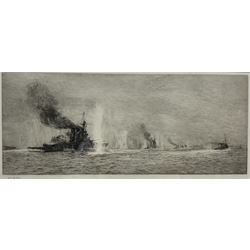 William Lionel Wyllie (British 1851-1931): 'HMS Tiger at Jutland', drypoint etching signed in pencil, titled on the mount 19cm x 44cm 
Notes: this picture depicts the British warships Tiger, Princess Royal, Lion, Warrior, and Defence in action at the Battle of Jutland on 31st May 1916, shortly before the Defence was sunk.