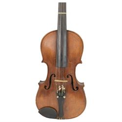 19th century full size violin in a hard case with bow. Length 60cm, scroll with ebonised pegs and fingerboard, with tailpiece and bridge.