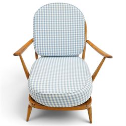 Ercol - 'Fleur de Lis' Windsor elm armchair and footstool, with blue gingham checked seat cushions