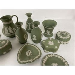 Group of Wedgwood sage green Jasperware, to include jug, vases, lidded boxes, dishes etc