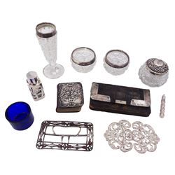 Collection of silver and silver mounted items to include two buckles, cut glass vase and jars, bible, crocodile skin purse and scent bottles, approximate weighable silver 3.22 ozt (100.3 grams)