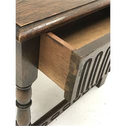 20th century medium oak stool, single drawer, W50cm, H45cm, D37cm