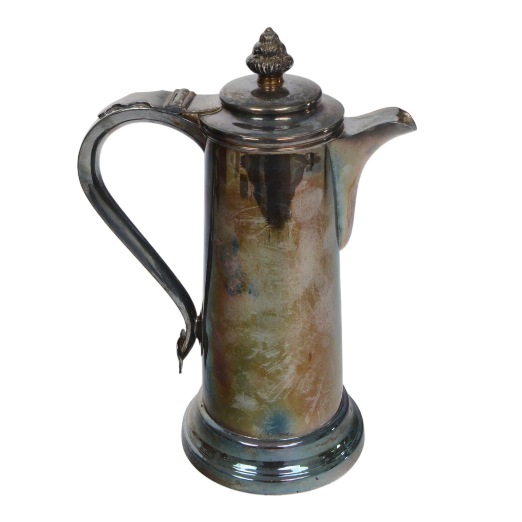 Pair of silver plated three branch candelabra, each with three urn-shaped sconces, with scroll arms, tapering stem upon a circular base, together with silver plated wine flagon