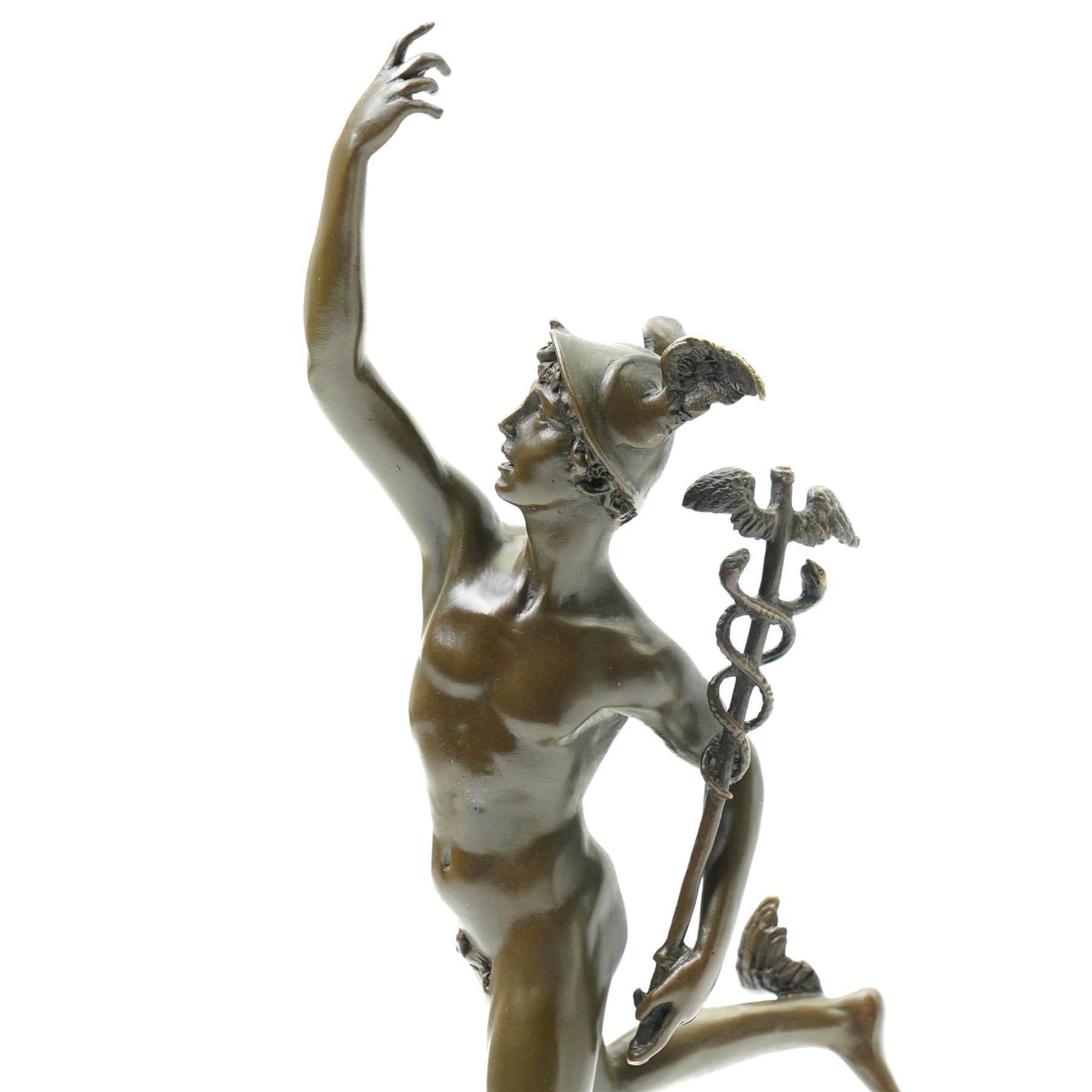 After Giambologna (Italian 1529-1608) Bronze figure of Mercury holding the caduceus on a stepped circular base with signature and foundry mark H43cm