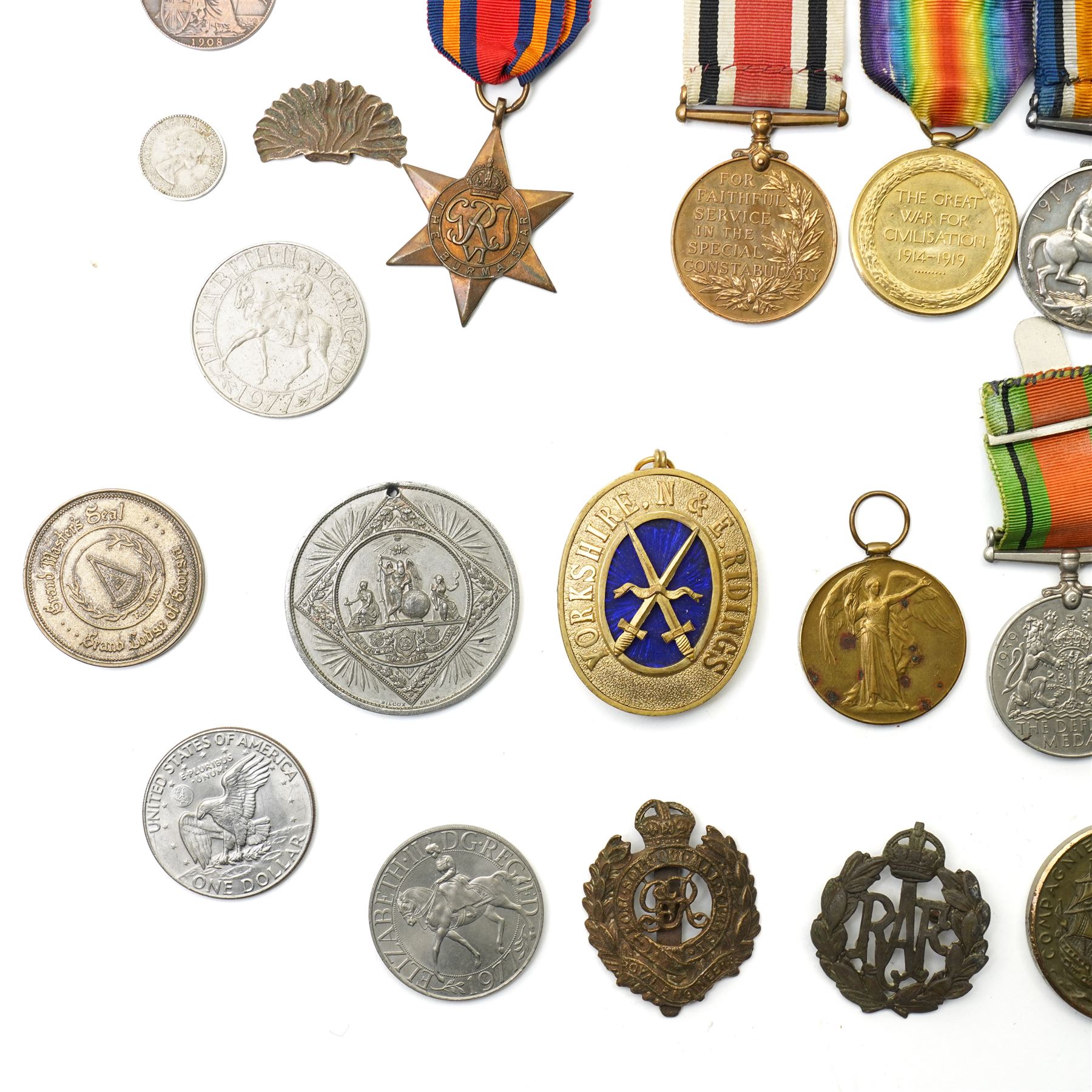 World War I trio to 118150 Gnr H E Ashfield R.A. comprising War medal, Victory medal and George VI Special Constabulary medal,  WWII Burma Star, 1939-1945 Star and Defence medal, military badges, assorted coins etc