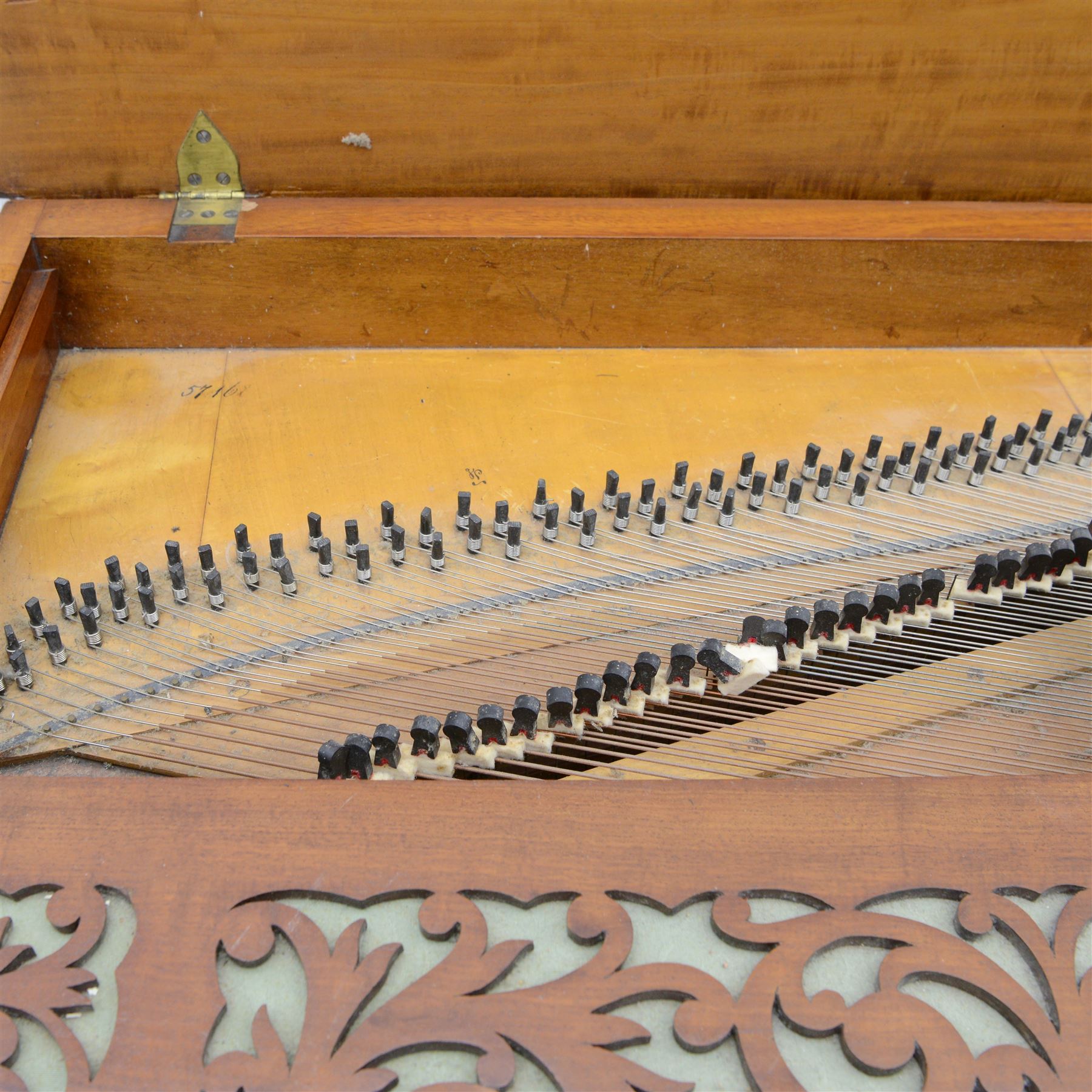 John Broadwood & Sons- Mid-19th century square piano in a light mahogany case serial No 57168 (1840), with four taper turned legs on castors and conforming sustaining pedal, with a 6 octave compass F1-G6 with 63 ivory and ebony keys, makers name with brass inlay and silk backed fretwork above the keys, recently restored action with new hammer heads, damper felts and strings, bi-strung with a steel brace and metal hitch pin plate with faux marbled decoration. 
This item has been registered for sale under section 10 of the APHA Ivory Act, Reference BS3HW755