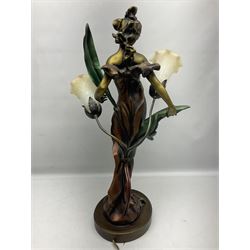 Art Nouveau style lamp in the from of a woman with two foliate lampshades, H69cm