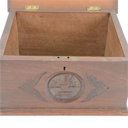 Carved oak box, with Kings Royal Rifle Corps decal to the hinged lid, H17cm