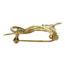 9ct gold emerald and diamond leaf brooch, hallmarked 