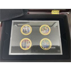 Mostly commemorative coins including The Royal Mint 1997 proof coin collection, Westminster 2013 'The Royal Baby Photographic 65mm' coin, Jubilee Mint 2017 'The Queen Elizabeth II Sapphire Jubilee' five pound coin collection etc