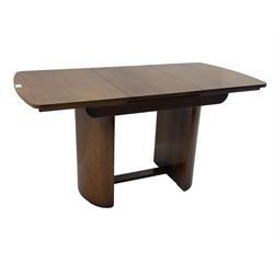 Beautility - early to mid-20th century walnut extending dining table, the additional leaf/coffee table with folding supports (76cm x 106cm - 153cm, H78cm); set of four dining chairs upholstered in teal leather 