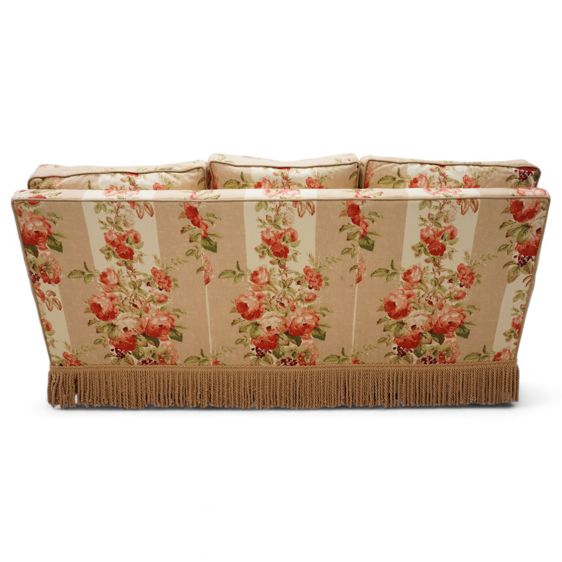 Edwardian design two-seat sofa (W165cm, H83cm, D106cm); and matching pair of armchairs (W80cm); upholstered in striped fabric decorated with floral bouquets and gold fridge