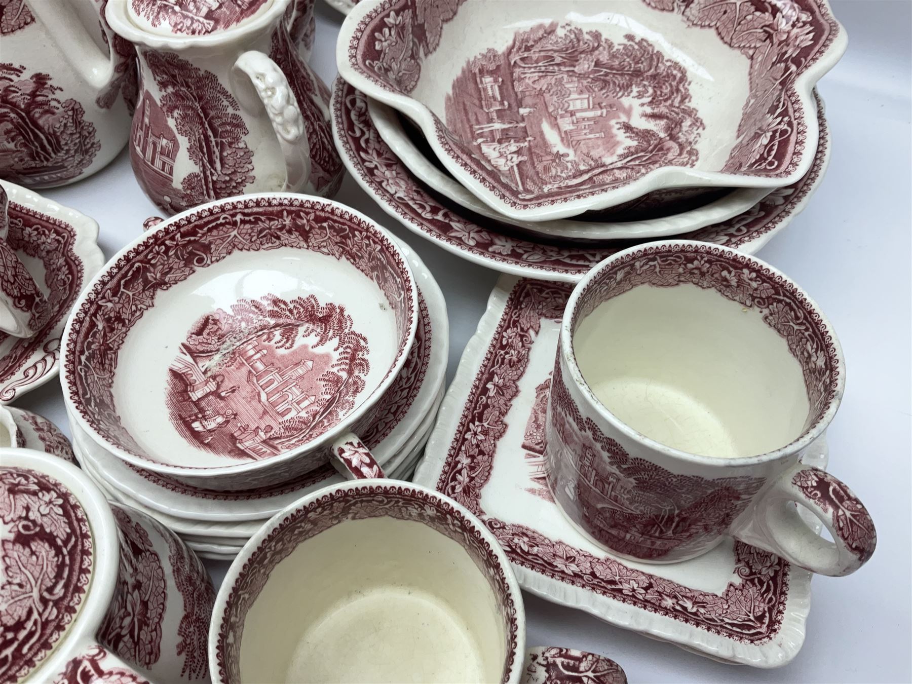 Masons Vista pattern ceramics, including coffee pot, sauce boat, twin handled jar and cover, teapots, mugs, etc 