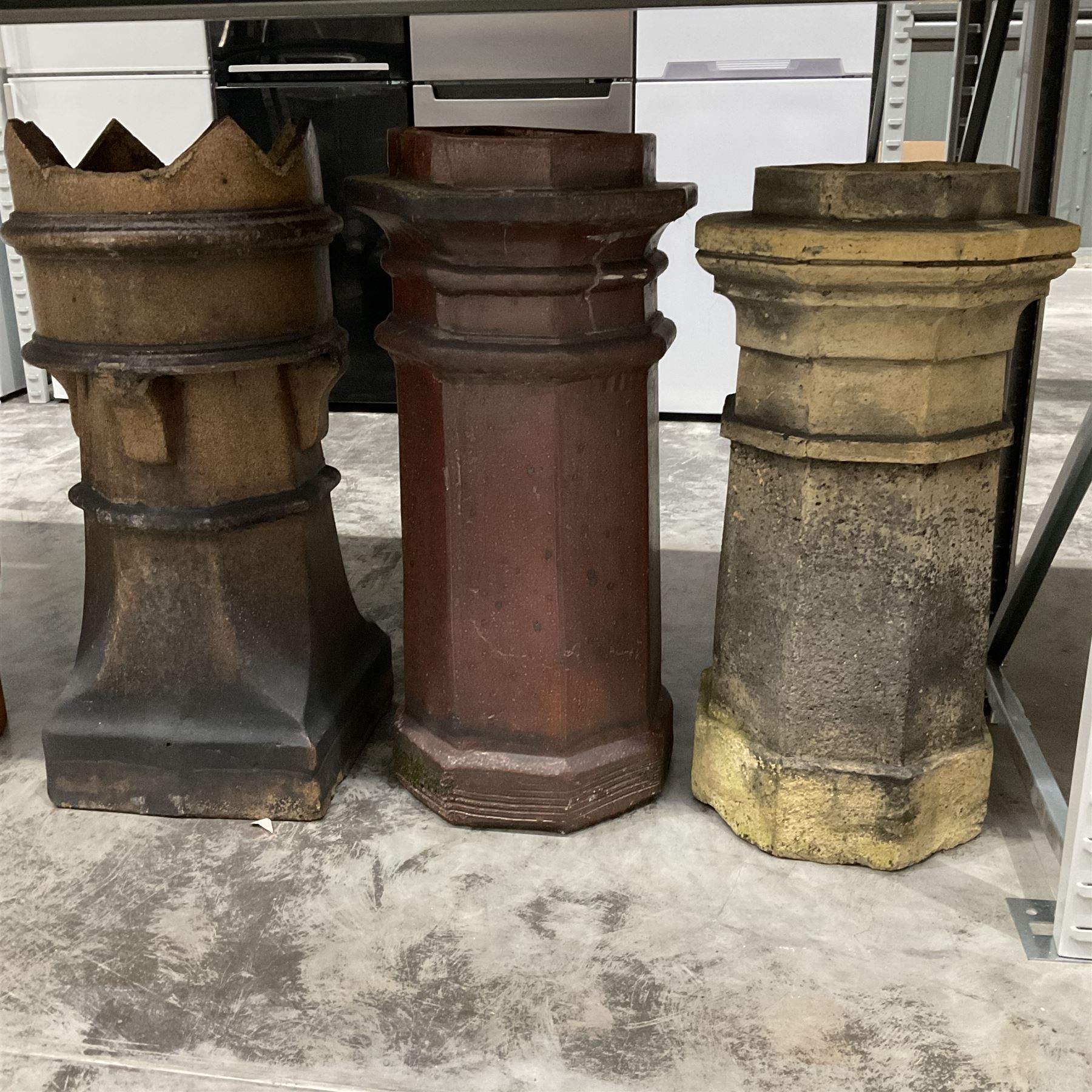 Set of three terracotta chimney pots  - THIS LOT IS TO BE COLLECTED BY APPOINTMENT FROM DUGGLEBY STORAGE, GREAT HILL, EASTFIELD, SCARBOROUGH, YO11 3TX