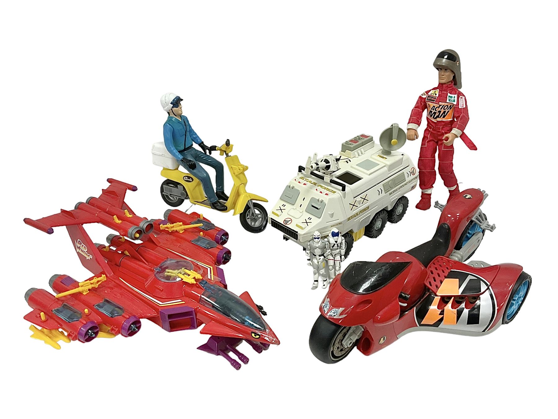 Manta Force Red Venom 1987 Bluebird Toys PLC toy plane with associated figures, with three more toy vehicles and figures comprising Lanard 1996 S.T.A.R Force Mobile Ground Support truck, Hasbro 2000 Action Man motorbike with side car, Sindy moped 