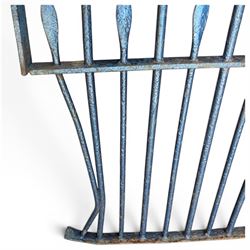 Two sections of painted iron garden or estate boundary railing, comprising a 19th century wrought iron section with graduated spearhead uprights, together with a later hoop-top section with ball-finial end posts, both in blue painted finish