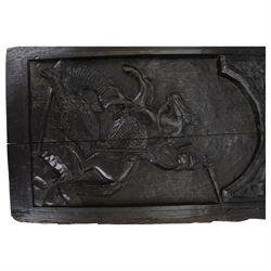 18th century carved oak panel depicting St George slaying the dragon, H38cm