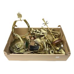 Quantity of brass ware to include pair of candlesticks, fireside accessories, swing handle bowl, horse figures etc in one box