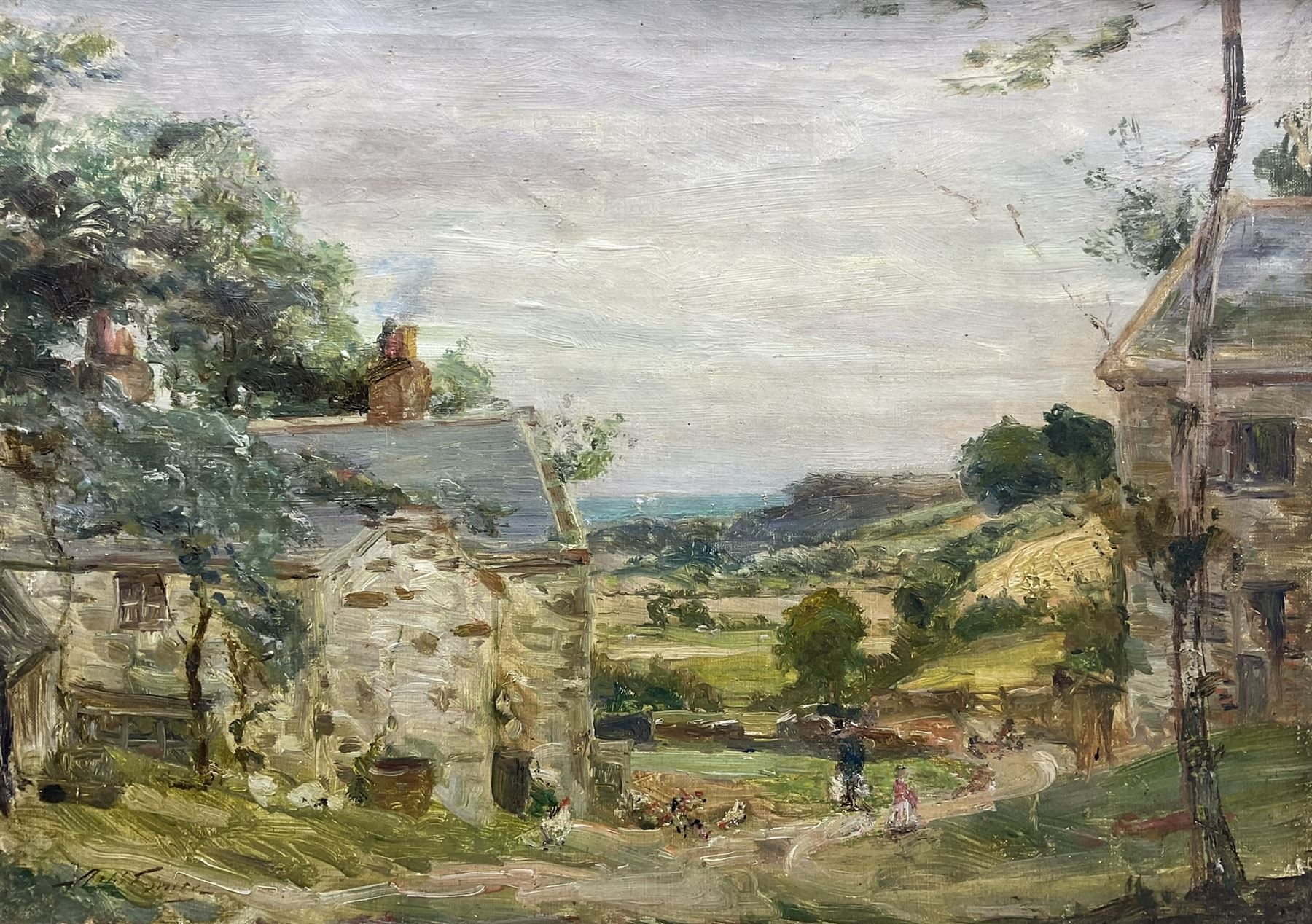 Scottish School (Early 20th century): Country Cottages with Hens and Children, oil on canvas indistinctly signed 39cm x 55cm