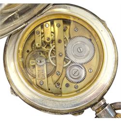 Early 20th century nickle cased goliath moonphase lever pocket watch, white enamel dial with Roman numerals three subsidiary calendar dials and a seconds moonphase dial