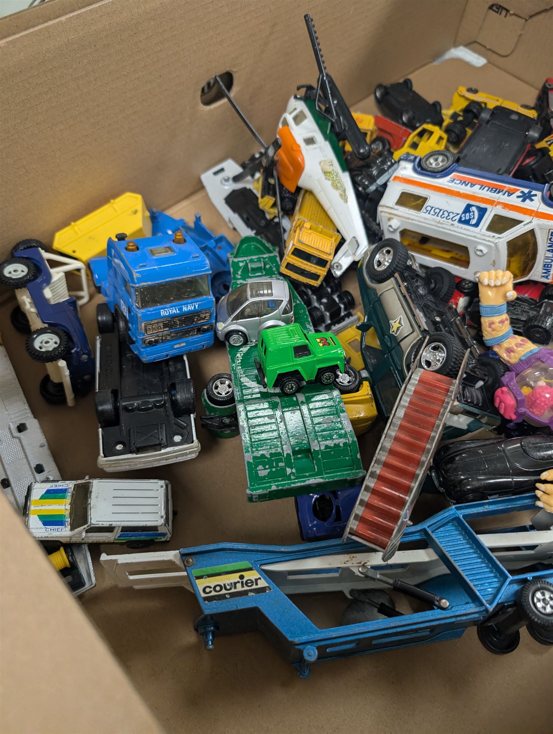 1970s and later Playmobil figures and accessories, refuse lorry and rescue helicopter and a collection of diecast cars, including Matchbox, Majorette, etc