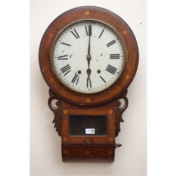  Victorian drop-dial wall clock, inlaid case with painted Roman dial, twin train movement striking the hours on a bell, H66cm  