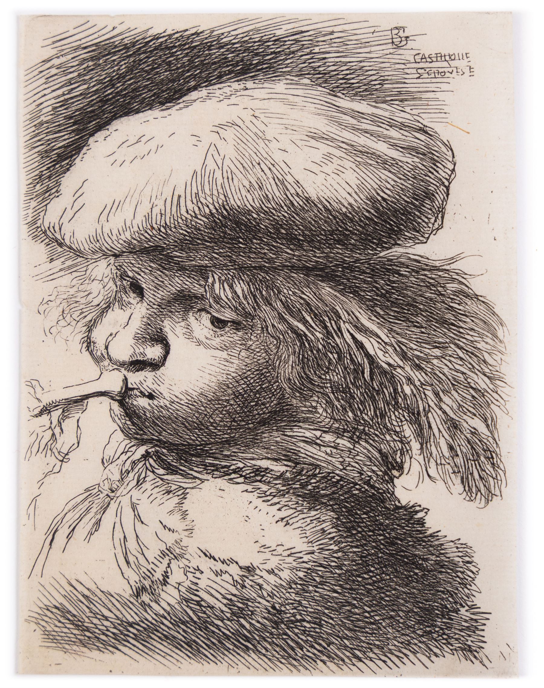 After Giovanni Benedetto Castiglione (Italian 1609-1664): 'Young Man with Trumpet', restrike etching 11cm x 8cm (unframed)