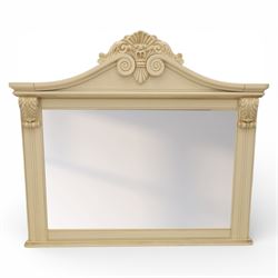 Contemporary French design white painted bedroom suite retailed by Barkers of Northallerton, comprising wide chest fitted with four short and four long drawers with oval brass handles (H 70cm, W 159cm, D 46cm), pair of bedside chests each fitted with three drawers (H 62cm, W 40cm, D 46cm), dressing table fitted with four short drawers and central kneehole with shaped apron (H 79cm, W 131cm, D 46cm) with matching framed wall mounted mirror (H 100cm, W 113cm), and full length standing mirror (H 175cm, W 73cm)