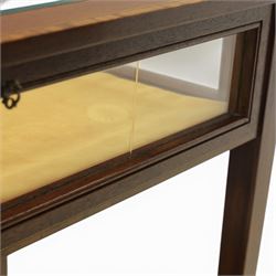 Edwardian inlaid mahogany bijouterie display table, square tapering supports inlay, orange baize lining shaped undertier