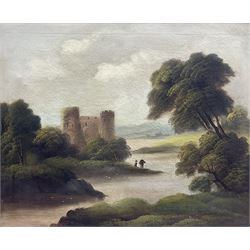 English School (19th century): Riverside Castle with Figures, oil on canvas unsigned, housed in ornate guilt frame 50cm x 60cm