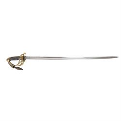 British 1822 pattern, named, infantry officers' sword, the 82cm slightly curved and fullered single edged blade engraved on both sides, bears the Victorian coat of arms and the owners initials 'GB', ricasso marked Grindlay & Co London, the brass basket guard with Victoria cartouche and fold down rear flap, shagreen bound grip with original wire binding and gilt sword knit, with brass scabbard, twin suspension rings and steel chape mount, overall L102cm  