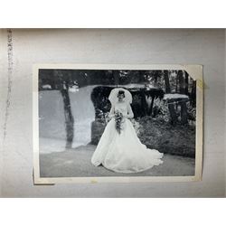 1960s wedding dress with photograph of bride; Ideal Toy Corp. 'Giggles' doll; and Chad Valley Escalado game; unboxed