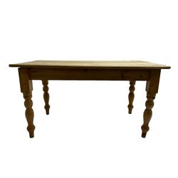 Traditional pitch pine farmhouse table, rectangular top raised on turned supports