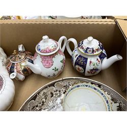 Collection of teapots and other ceramics, to include Copeland Spode Marlborough pattern teapot, Paragon teapot, Coalport teapot etc, in two boxes  