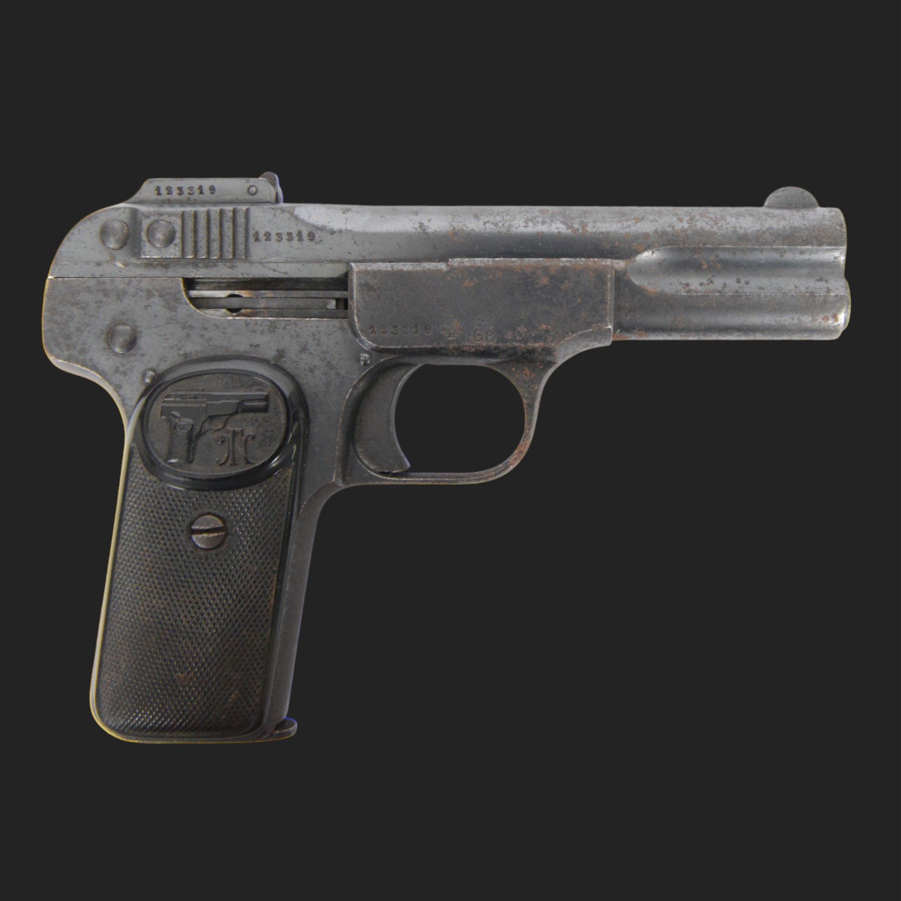 Deactivated FN Model semi-automatic pistol, barrel marked - Fabrique Nationale D'Armes Herstal - Liege (Browning-Patent), frame with FN Trademark and stamped Brevete SGDG. Serial no. 123319, Deactivation Certificate no. 166110 30/11/2021
