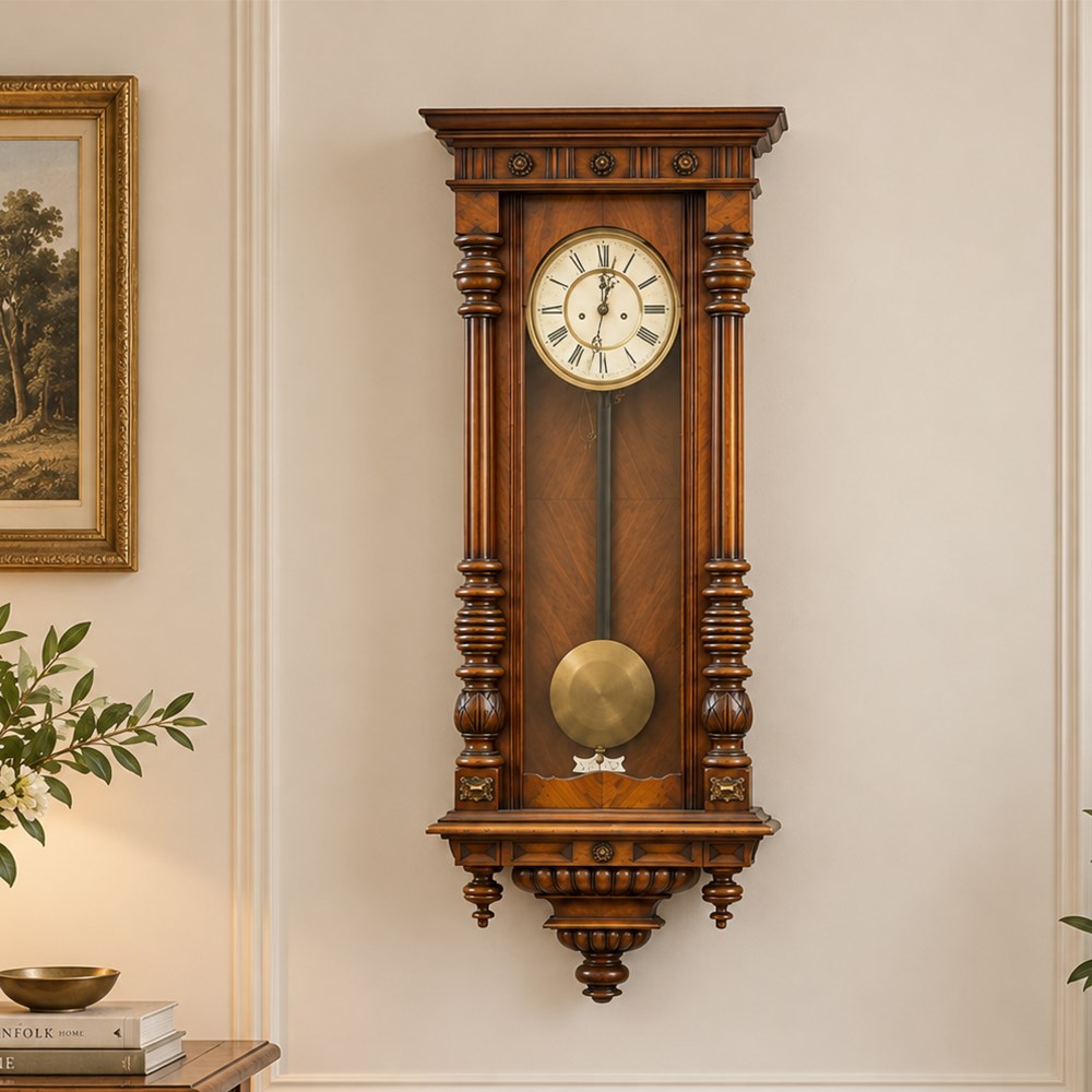 19th century mahogany Vienna Regulator wall clock, carved mahogany framed with turned and half-canted pilasters, over a lobed terminal